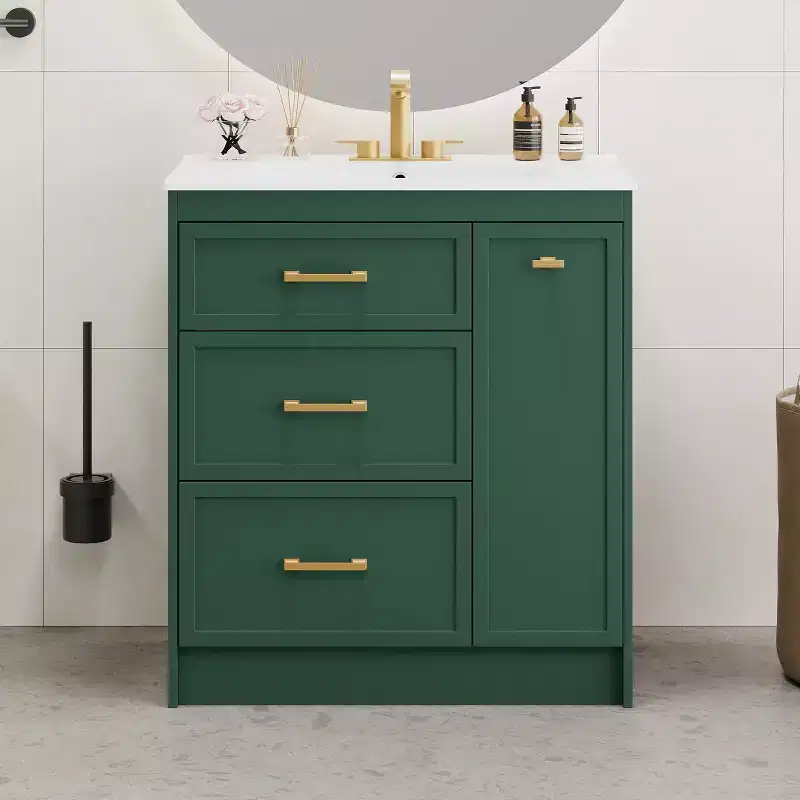 Freestanding Bathroom Vanity with Single Sink & 3 Drawers – Green
