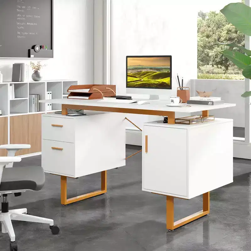 51 Home Office Desk with Floating Desktop Dual Drawers Cabinet & Metal Frame