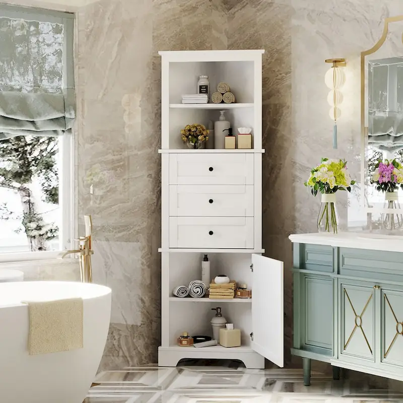 Triangle Tall Cabinet with 3 Drawers and Adjustable Shelves, MDF Board with Painted Finish