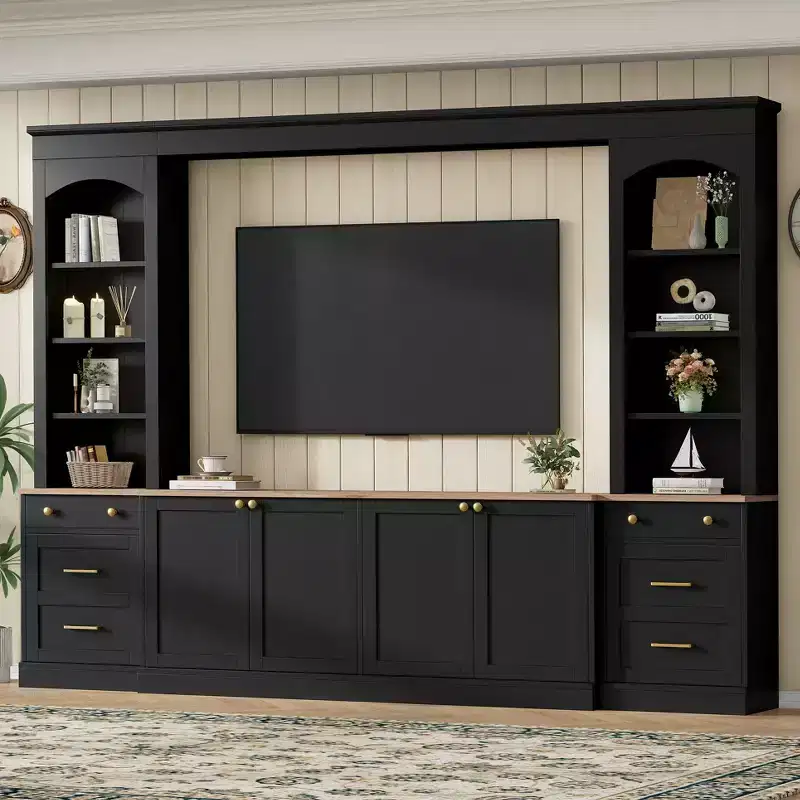 ModernLuxe Farmhouse Arched Entertainment Center Wall Unit, Fits TVs Up to 70, Large TV Stand Media Console with Drawers & Bookshelves