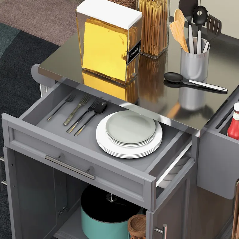 Kitchen Island on Wheels, Rolling Kitchen Cart with Stainless Steel Countertop, Drawer, Towel Rack and Spice Rack