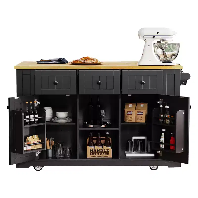 Kitchen Island, Rolling Cart with Power Outlet, Drop Extension, 5 Wheels, 3 Drawers, Door, and Internal Storage Rack for Dining Room