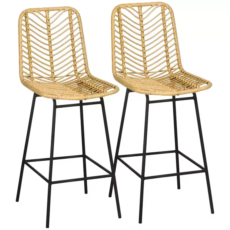 Set of 2 Rattan Barstools, Wicker Counter Stools with Steel Legs and Footrest, Yellow