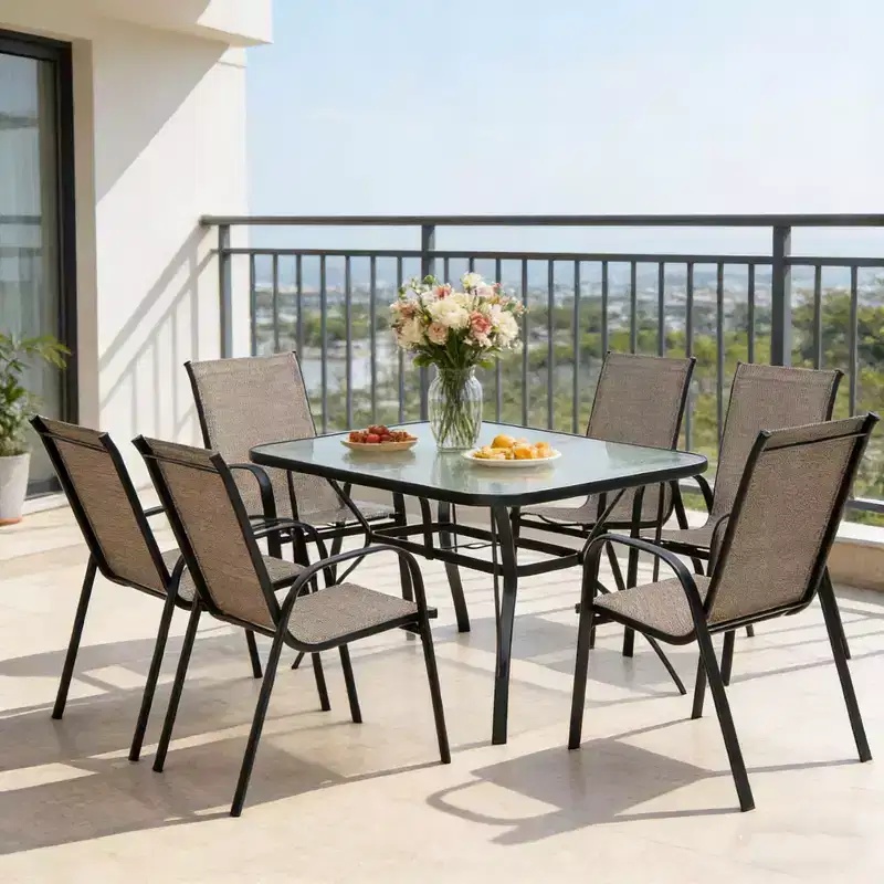 Gymax 7PCS Outdoor Patio Dining Set w/ 6 Stackable Armchairs Tempered Glass Table Umbrella Hole for Yard Garden or Backyard