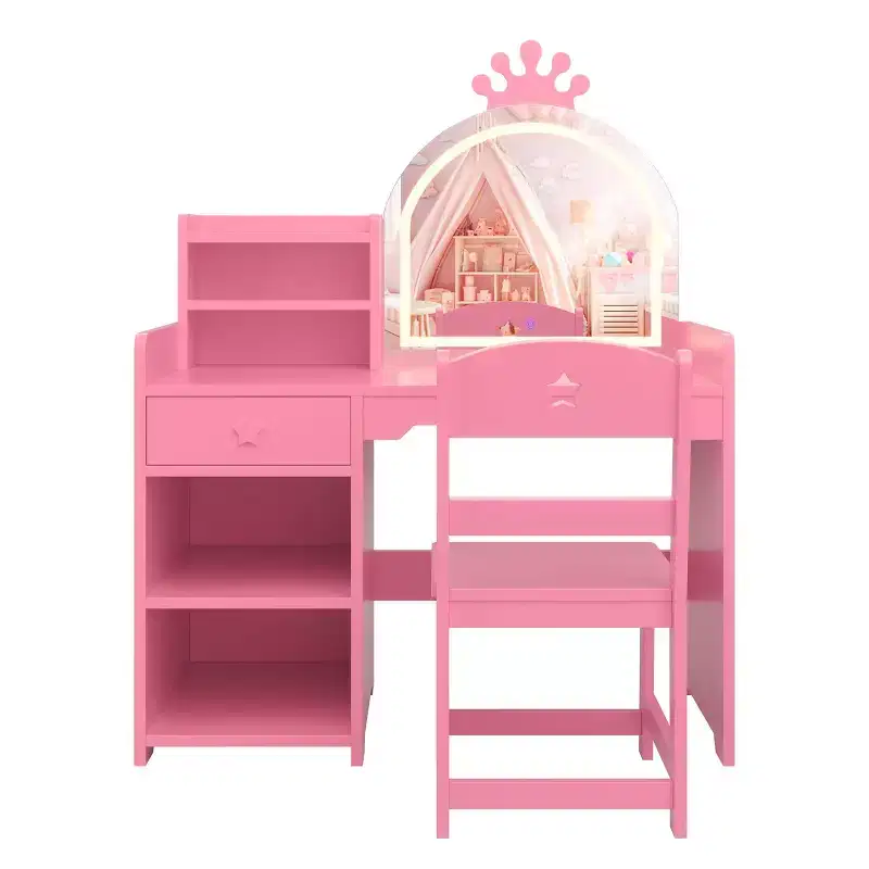 Kids Vanity with Lights, 2 in 1 Princess Makeup Vanity Desk Toddler Vanity Table & Chair Set with Open Bookshelf, Storage Cabinet & Shelves for Girls