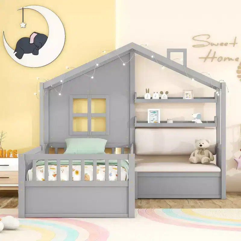 Whisen Twin Size House Bed Frame, Kids Platform Bed with Sofa, Two Drawers and Storage Shelf