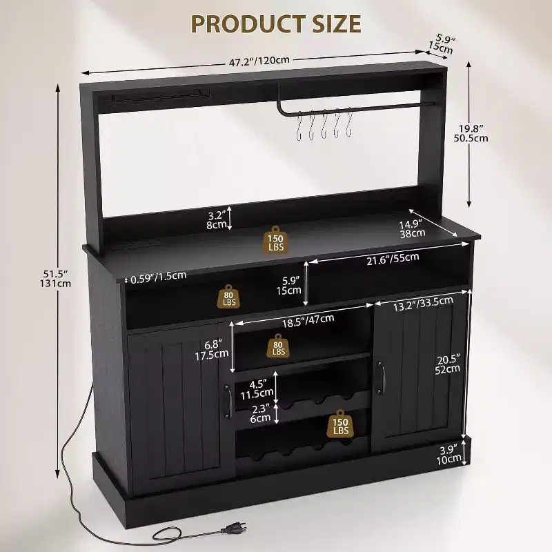 Modern Black Bar Cabinet with Wine Storage, Adjustable Shelves & Cup Rack