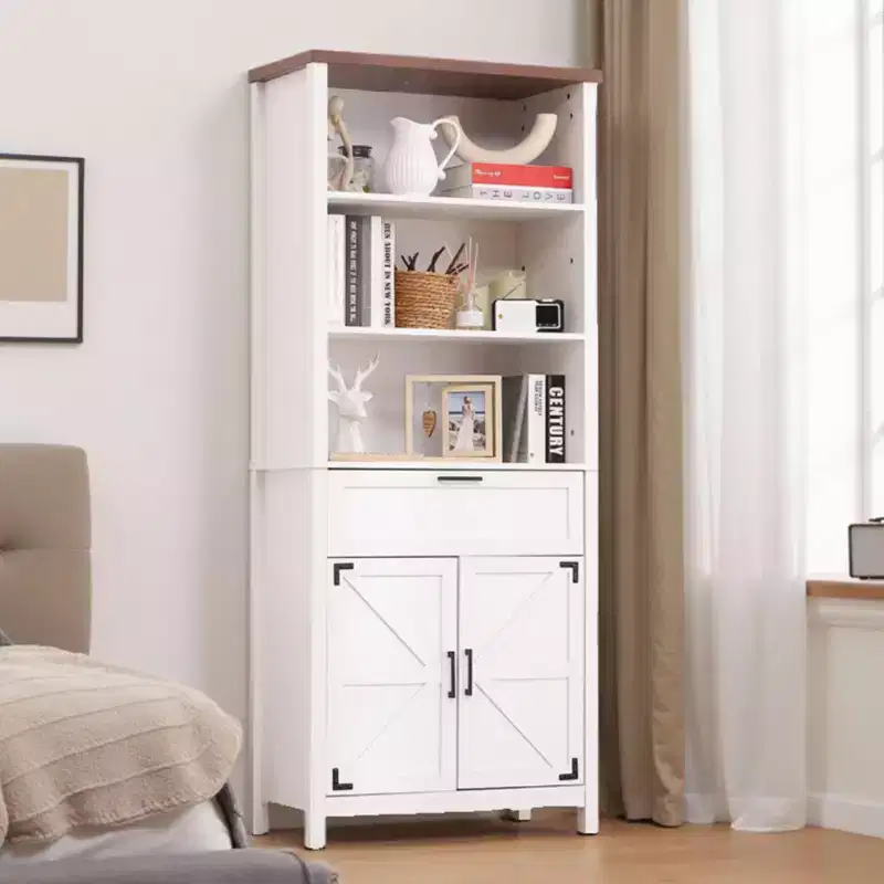 Farmhouse Bookshelf, 72 Tall Bookshelf with Doors and Drawer, 15 Deep Farmhouse Book Shelf with Storage Cabinet, Floor Standing Book Case