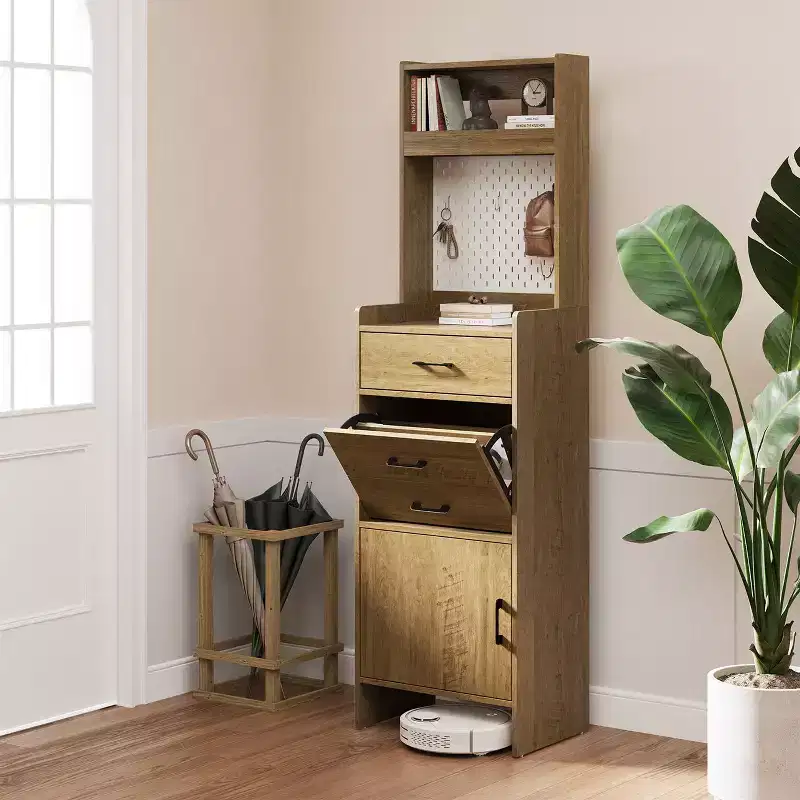 5-in-1 Shoe Cabinet with Flip Drawer, Entryway Shoe Storage with Pegboard, Adjustable Shelf, Wood Entryway Cabinet