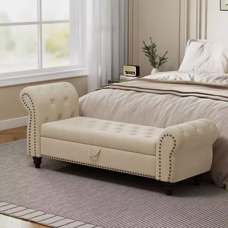 TUYOHW Bed Bench for Bed Room Nails Tufted Chaise of Lounge with Storage Velvet Upholstery Bench, Lake Blue