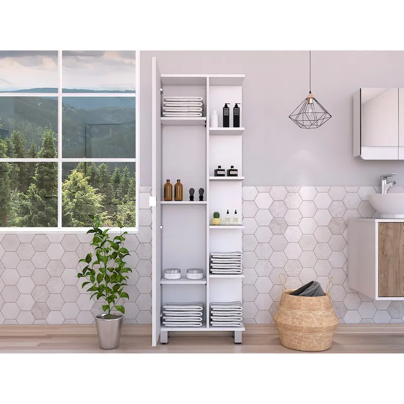 Corner Cabinet with Five Open Shelves, Single Door, White Finish