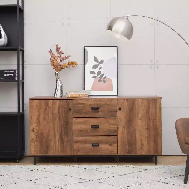 Brooklyn Sideboard with Metal Legs and Handles Brown - Teamson Home: MDF Frame, Veneer Finish, 2 Doors, 3 Drawers, 6 Shelves