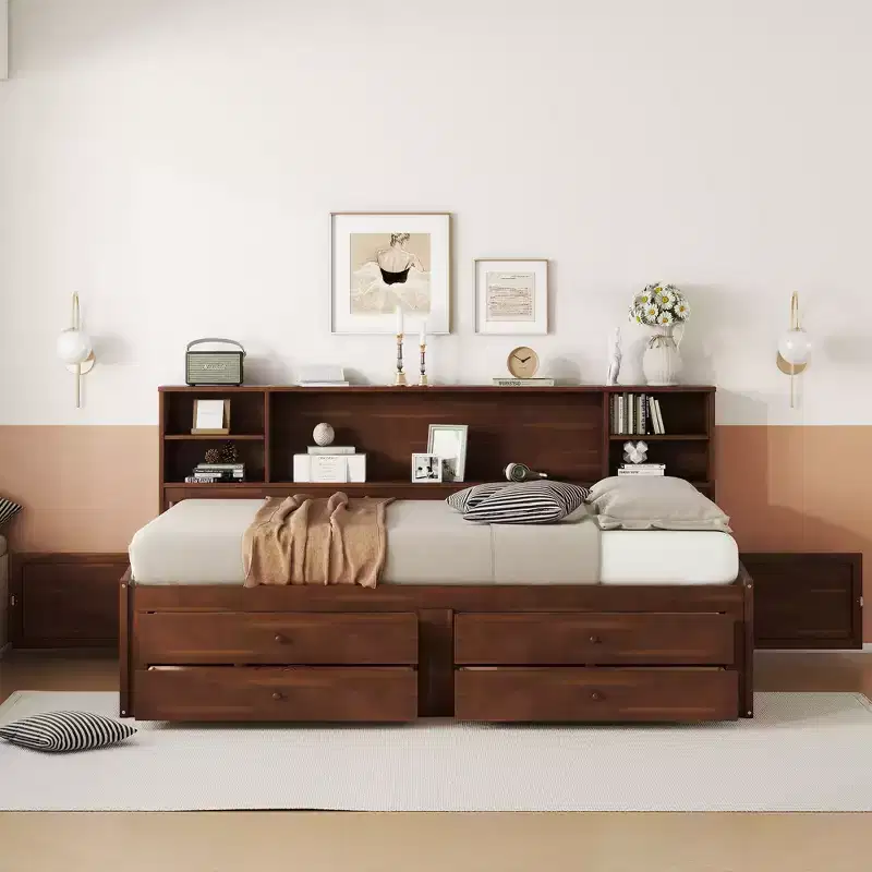 Full Size Wooden Captain Bed/Daybed with Built-in Storage Shelves, 4 Drawers and 2 Cabinets, Antique Brown -