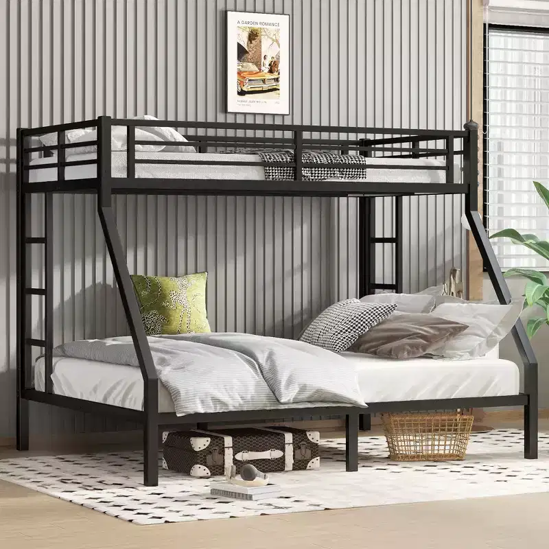 Metal Bunk Bed Twin XL over Queen with Guardrail for Kids and Teens