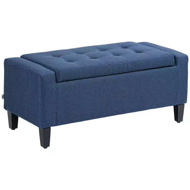 Linen Tufted Lift-Top Storage Ottoman Bench for Living Room or Bedroom, Dark Blue