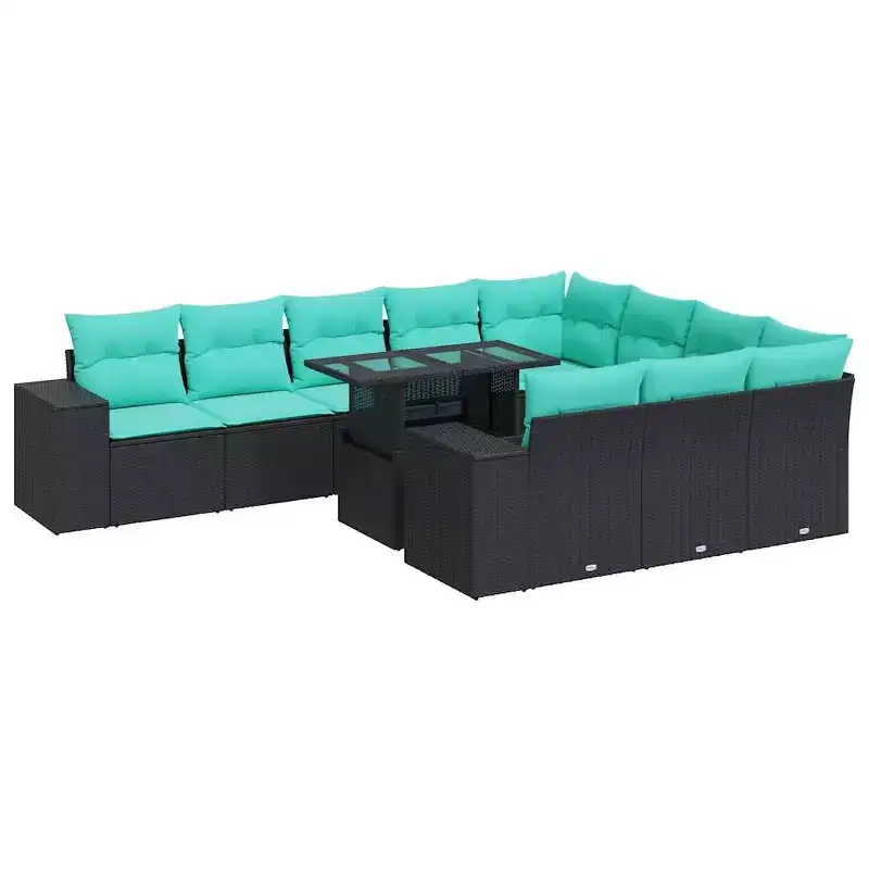 vidaXL 15 Piece Patio Sofa Set with Cushions Black Poly Rattan Acacia