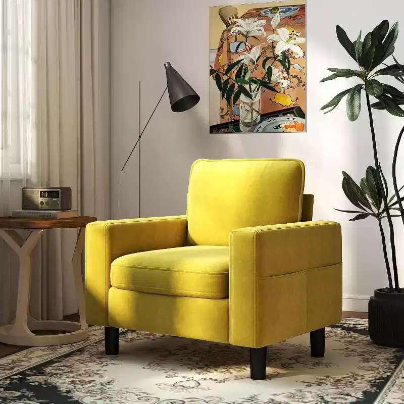 Single Sofa Chair - 33 Modern Accent Chairs with Arms & Cushions, Mustard
