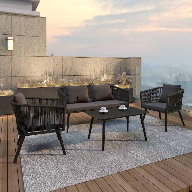 4 Piece Indoor/Outdoor Lounge Set - Loveseat, 2 Chairs & Metal Coffee Table