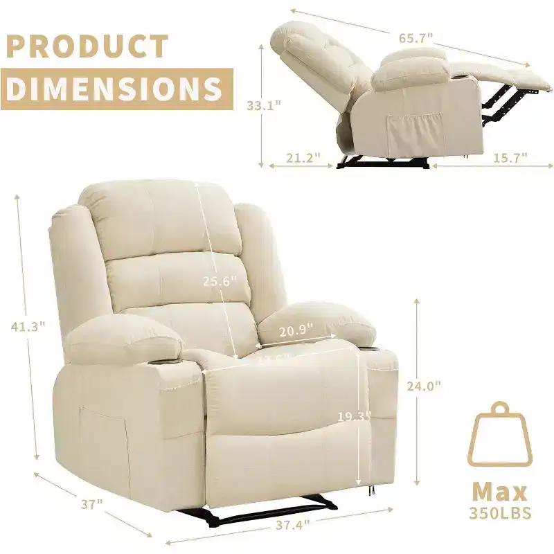 Large Recliner Chair 3 Reclining Positions up to 145 with 2 Cup Holder 2 Side and 2 Front Pockets for Living Room, Bedroom, Home Theater