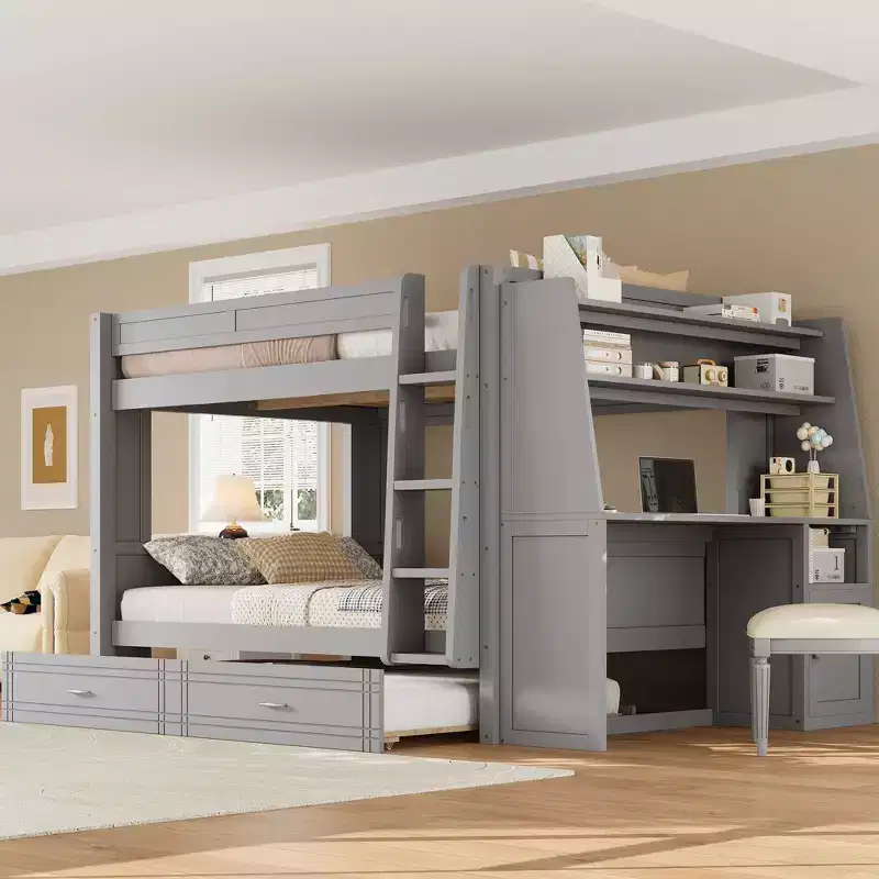 Full Size Bunk Bed with Desk and Storage, Space-Saving Wooden Bunk Bed with Bookshelves & Trundle