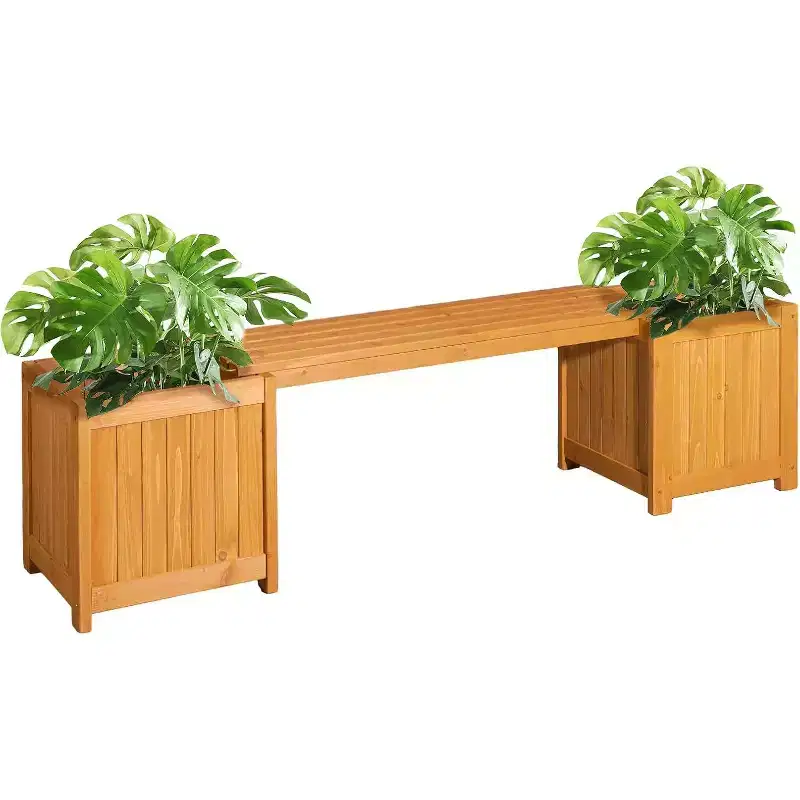 VINGLI Outdoor Wood Bench with Planter Boxes, 2-in-1 All-Weather Porch Bench Seat  Open-Ended Raised Garden Bed, for Balcony Patio (2 Boxes)