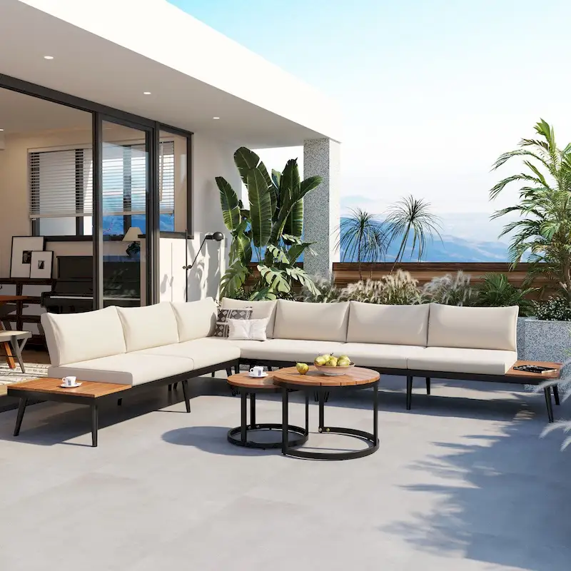 Outdoor Sectional Set with Cushioned Seating - Sturdy Acacia Wood, Rustic Style