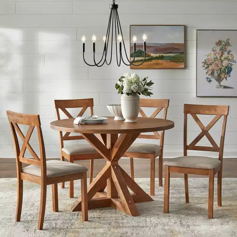 Buylateral 5pc Crenshaw Round Dining Set with Linen Cushion Chairs Driftwood : Solid Rubberwood, Linen Cushion Chairs