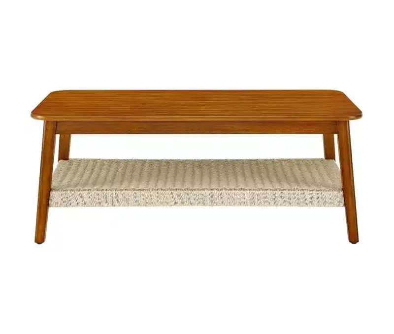 CuisinSmart Rattan Coffee Table with Storage, Mid-Century Coffee Table with Woven Shelf, Farmhouse Wood Low Rectangle Tea Table