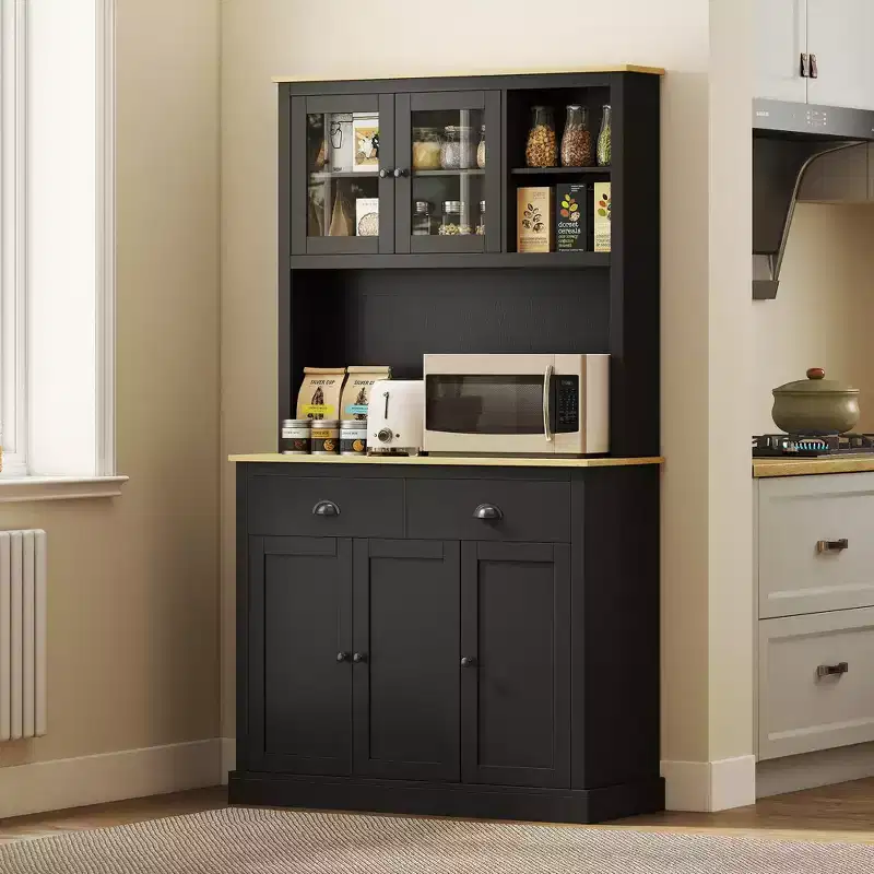 Freestanding Kitchen Cabinet with Wide Countertop, Tall Pantry Cabinet with Adjustable Shelves, Modern Hutch for Dining Room
