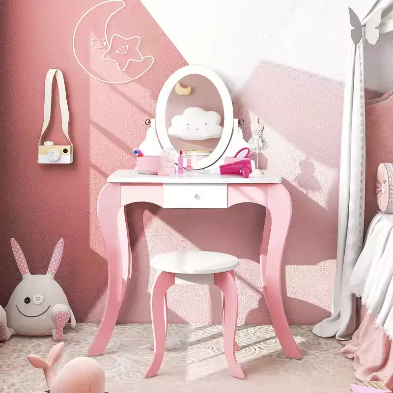 Costway Pretend Kids Vanity Set Makeup Dressing Table 2-in-1 Mirror & Whiteboard