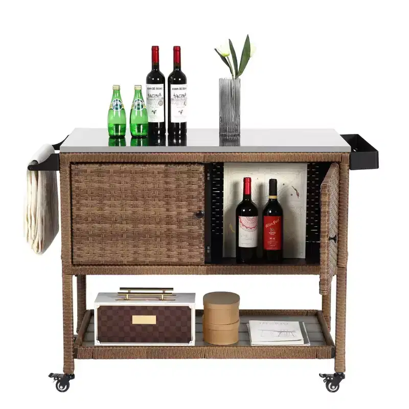 Bar Serving Cart Outdoor Wicker Wine and Beverage Storage with Stainless Steel Top for Patio, Brown, 47.24x20.12x35.04