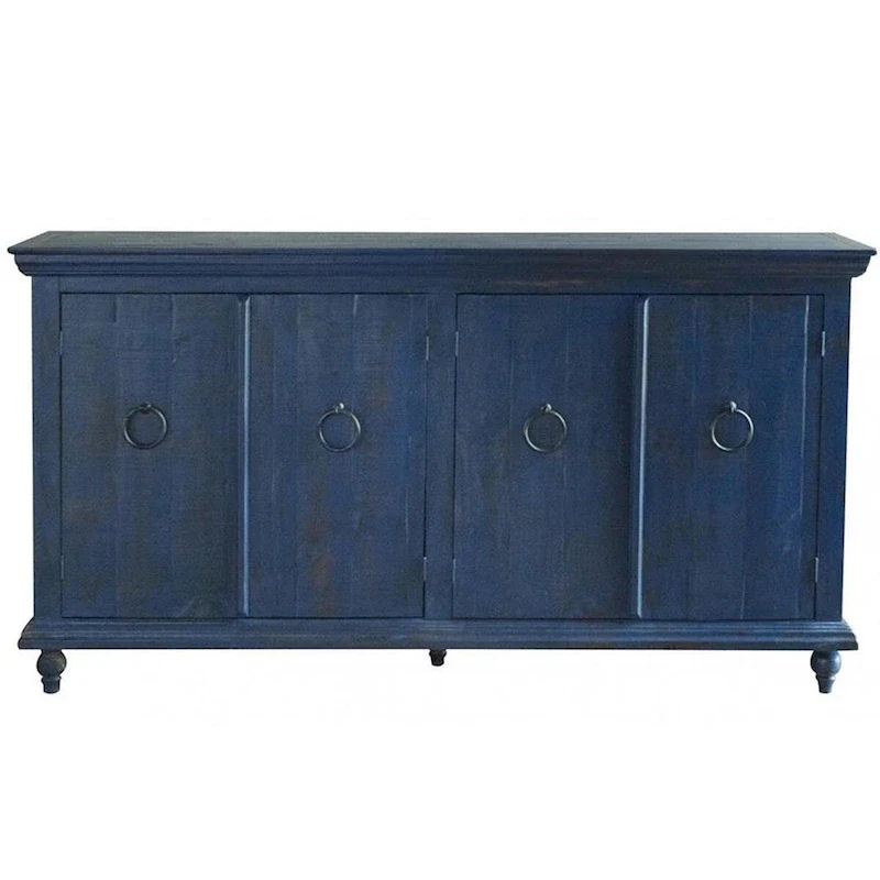 4-Door Solid Pine Sideboard with Wrought Iron Handles – Blue, Distressed Finish, Turned Wood Feet