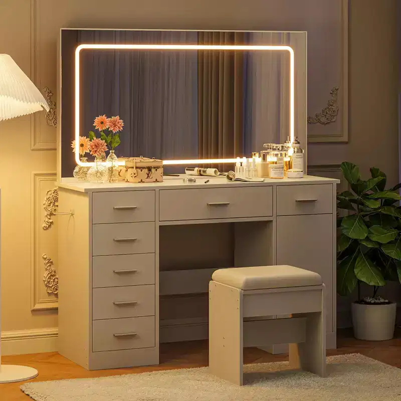 Modern Vanity Desk with LED Mirror, 7 Drawers, 3 Light Modes, Chair & Charging Station