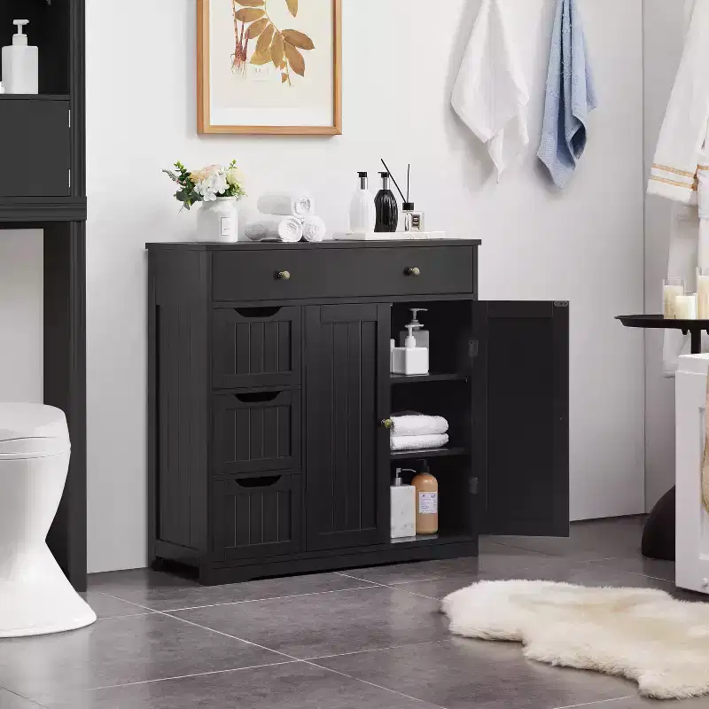 Yaheetech Wooden Bathroom Storage Cabinet Floor Cabinet with Adjustable Shelf, Black
