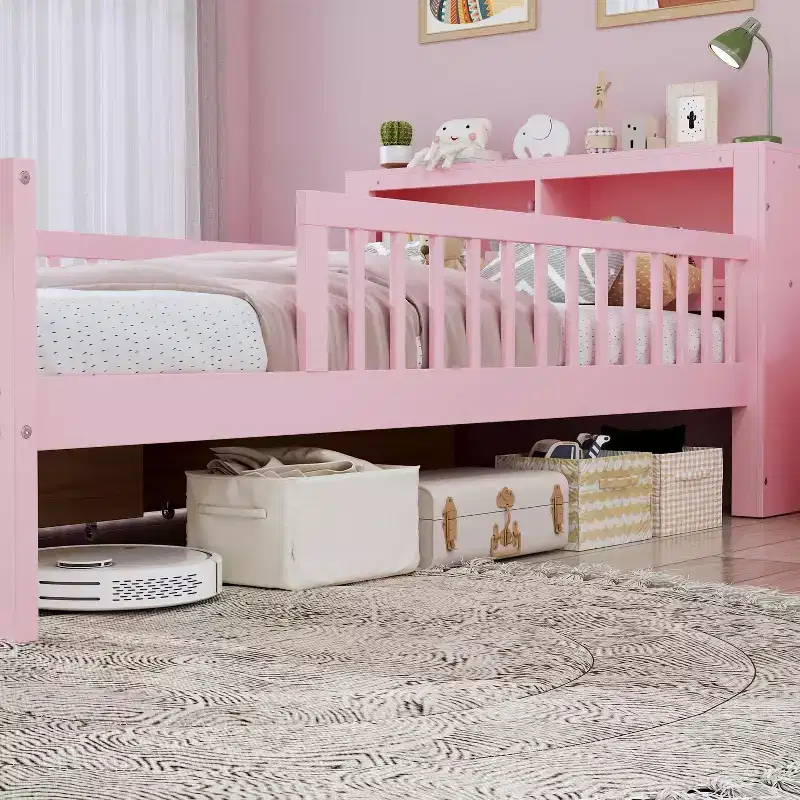 Twin Size Bed with Headboard Storage Storage Rack Two Under Bed Drawers Three Side Guardrails for Bedroom Pink