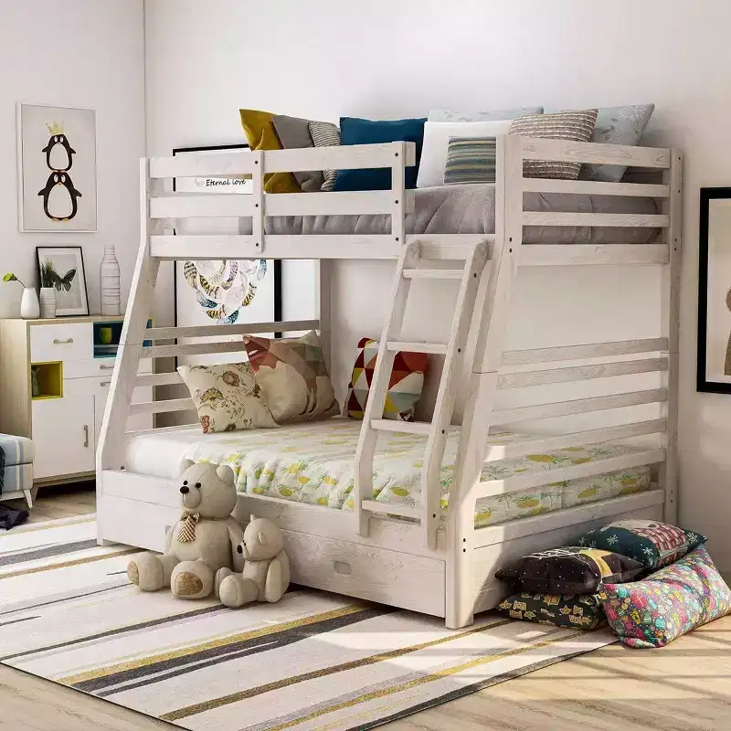 Twin Over Full Kids' Bunk Bed Wire Brushed White with Built-In Ladder & Guard Rails, Under Bed Storage
