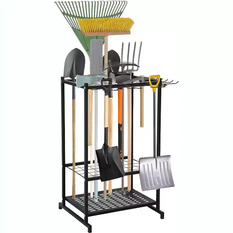 3-Tier Steel Garden Tool Organizer Rack,Freestanding Storage Shelf with Long-Handled Tool Slots & Hooks,Holds Up to 35 Tools for Garage, Rack, Yard