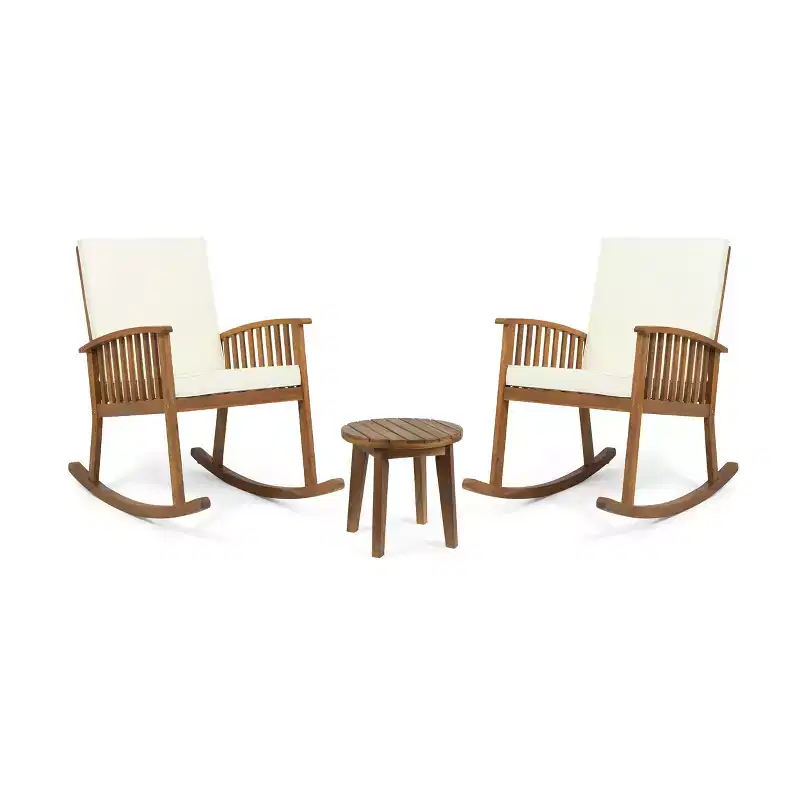 Christopher Knight Home Abbottsford Outdoor Acacia Wood 3 Piece Rocking Chair Chat Set with Cushions, Brown/Cream