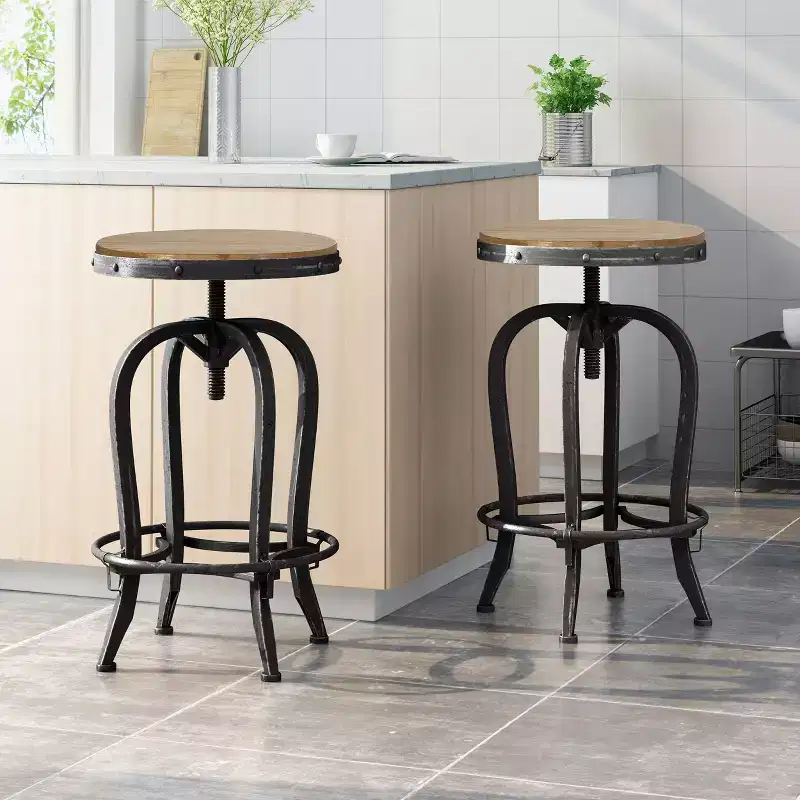 Industrial Fir Wood Adjustable Backless Swivel Barstools (Set of 2)