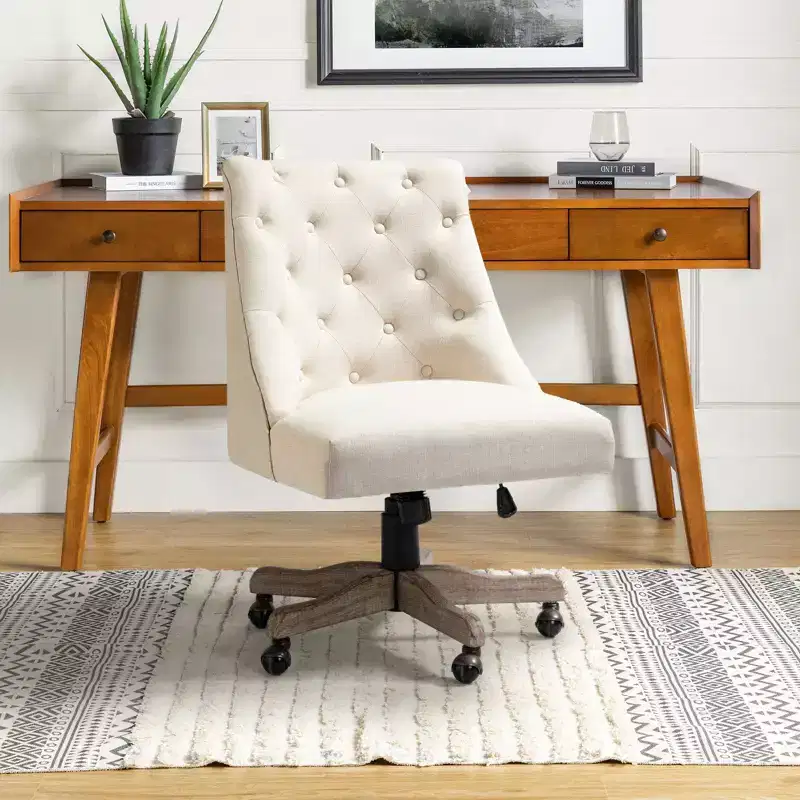 Velvet Task Chair with Button Tufted and Solid Wood Base, Swivel Height-Adjustable Home Desk Chair