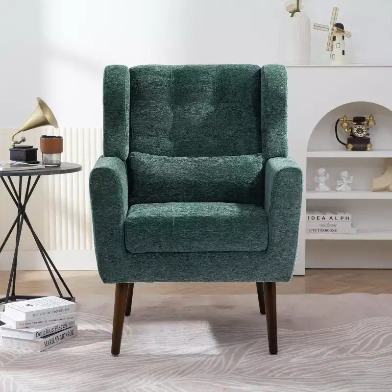 Chenille Accent Chair, Modern Lounge Armchair with Throw Pillow, Ergonomic Back, Tapered Wood Legs, Reading Chair for Living Room, Bedroom