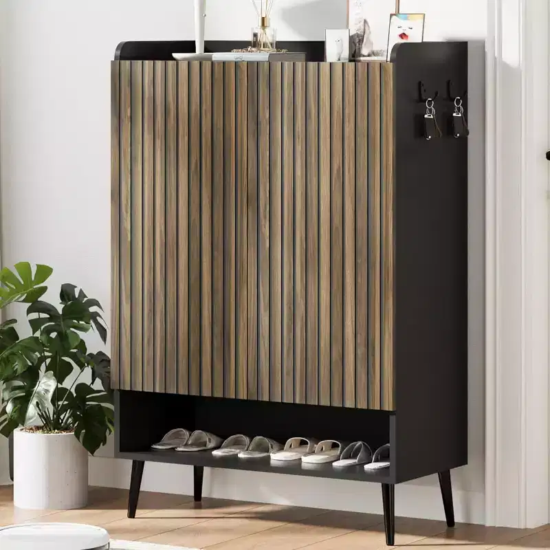 Large Shoe Cabinet with Doors, 6-Tier Shoe Organizer with Storage Hooks, Freestanding Entryway Storage