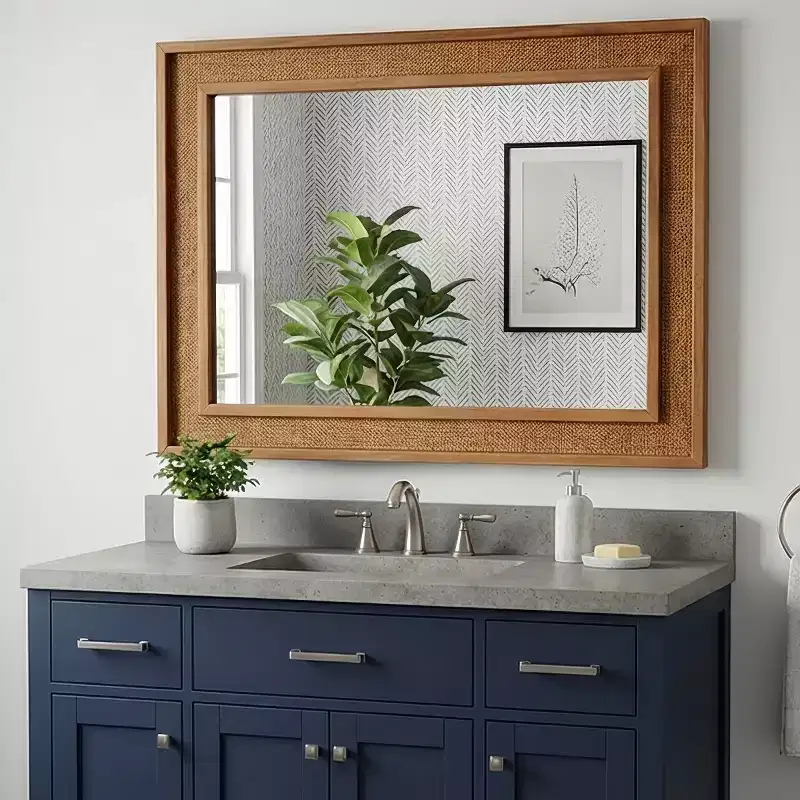 20 x 30 Farmhouse Rattan Decorative Wall Mirror, Vanity Mirror for Bathroom, Wood Accent Mirror for Living Room or Hallway-Panipeachy