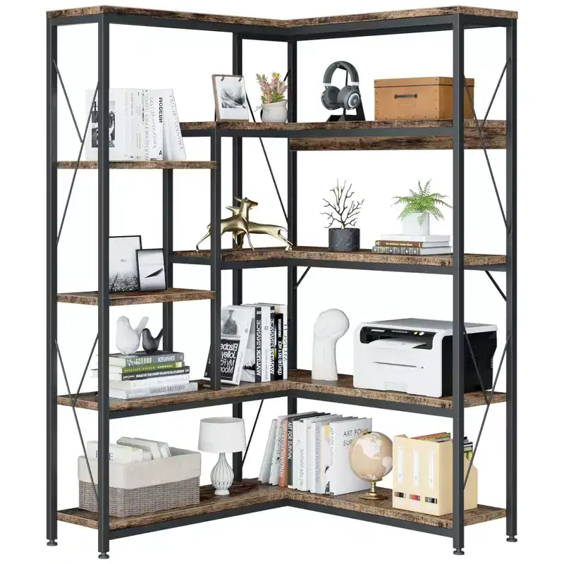 Celebalcony 5 Tiers Corner Bookshelf, 70.86 Tall L-Shaped Bookcase, Corner Shelf Display Storage Rack with Metal Frame for Living Room Home Office