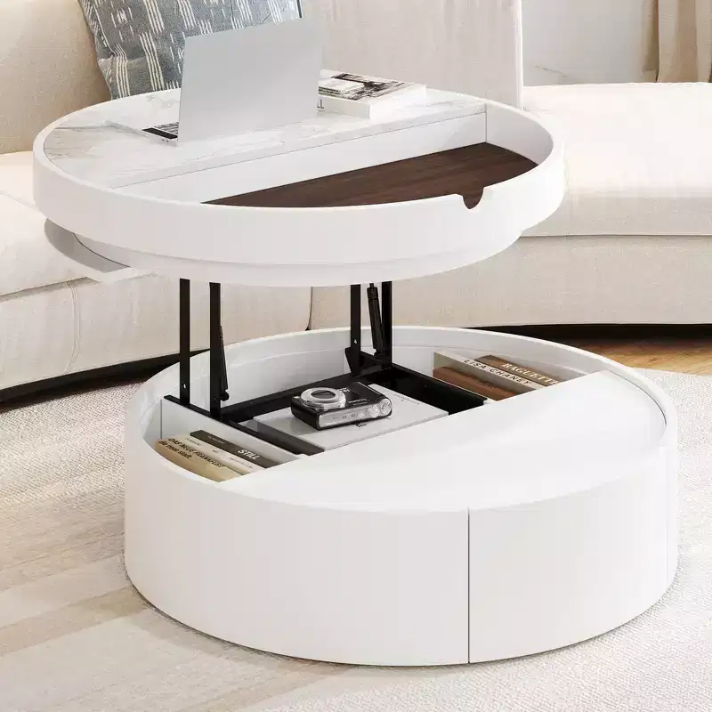 Whisen Modern Lift Top Coffee Table with Hidden Storage and Drawer, Marble and Wood Grain Tabletop - White & Walnut