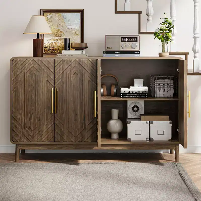 JVNOXK 55-inch Modern Carved Four-Door Adjustable Shelf Sideboard, Multi-Function Storage Cabinet, Suitable for Kitchen, Walnut Finish