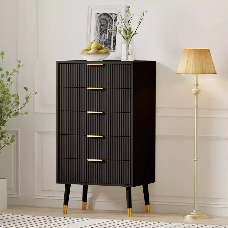 Bedroom five-drawer storage cabinet with metal handles and metal legs, suitable for bedroom, living room, corridor, entryway