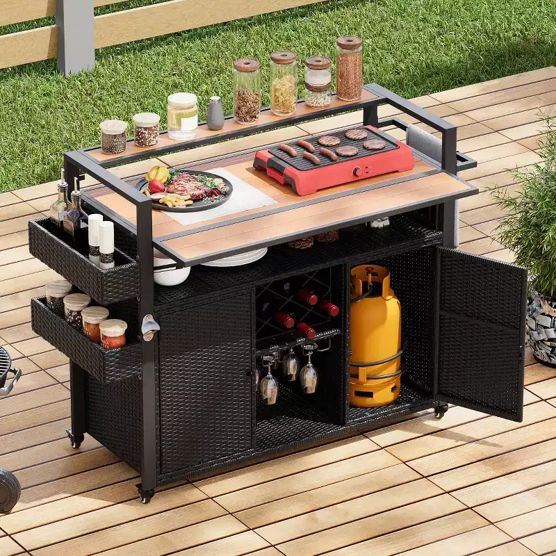 52.8W Wicker Outdoor Grill Cart with Extended Table Top, Rolling Kitchen Island with Ample Storage, Spice Racks & Lockable Wheels-ModernLuxe