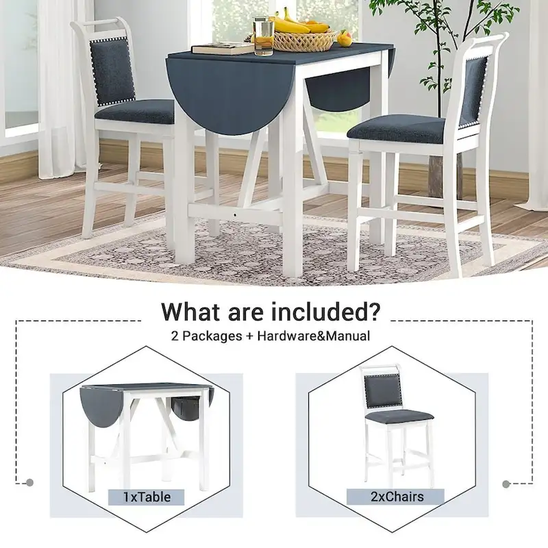 3-Piece Wood Counter Height Drop Leaf Dining Table Set with 2 Upholstered Dining Chairs