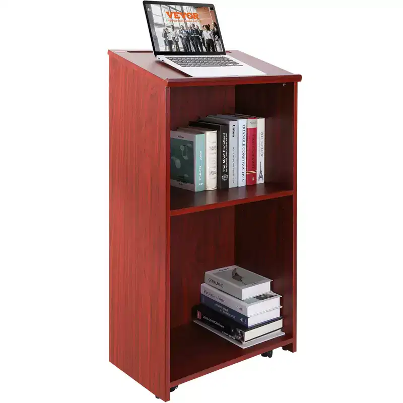 VEVOR Podium Stand, 47 inch Hostess Stand with 4 Rolling Wheels, Wood Podium with Storage Shelves and Slant Desktop, Lecterns & Podiums, Brown